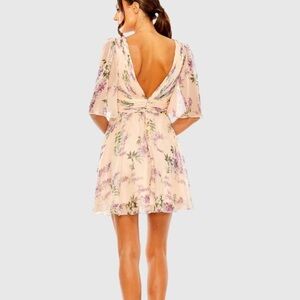 Mac Duggal Short-Sleeve V-Neck Chiffon Mini Dress 14 Pink Floral NEW